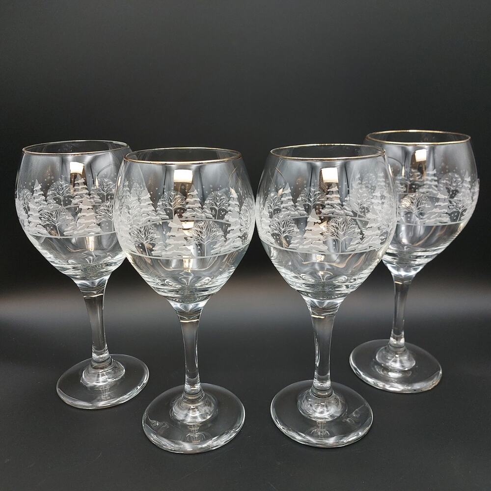 Vintage Libbey Arby's Winter Wonderland Wine Glasses (4) Frosted Trees Gold Rim
